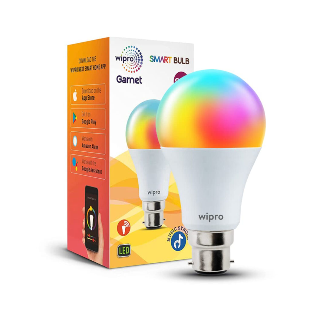 Wipro 9W B22D WiFi LED Smart Bulb with Music Sync Function Compatible with Amazon Alexa and Google Assistant 16M Colours Warm White Neutral White Dimmable Pack of 1 by Smart Home Makeover (1)