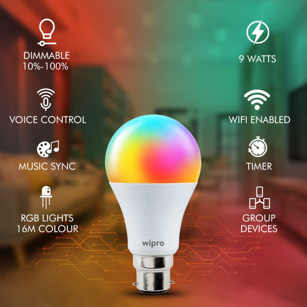 Wipro 9W B22D WiFi LED Smart Bulb with Music Sync Function Compatible with Amazon Alexa and Google Assistant 16M Colours Warm White Neutral White Dimmable Pack of 1 by Smart Home Makeover (5)