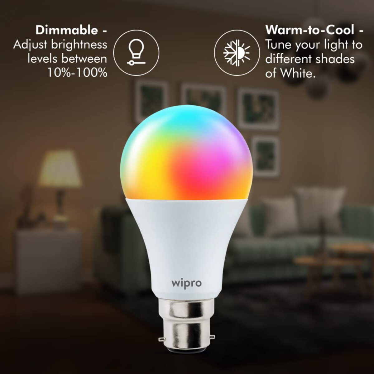 Wipro 9W B22D WiFi LED Smart Bulb with Music Sync Function Compatible with Amazon Alexa and Google Assistant 16M Colours Warm White Neutral White Dimmable Pack of 1 by Smart Home Makeover (7)