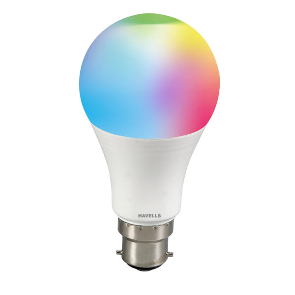 Havells Glamax 9W B22 WiFi LED Smart Bulb with Alexa and Google Assistant compatibility, 16M RGB colors, and music sync feature.