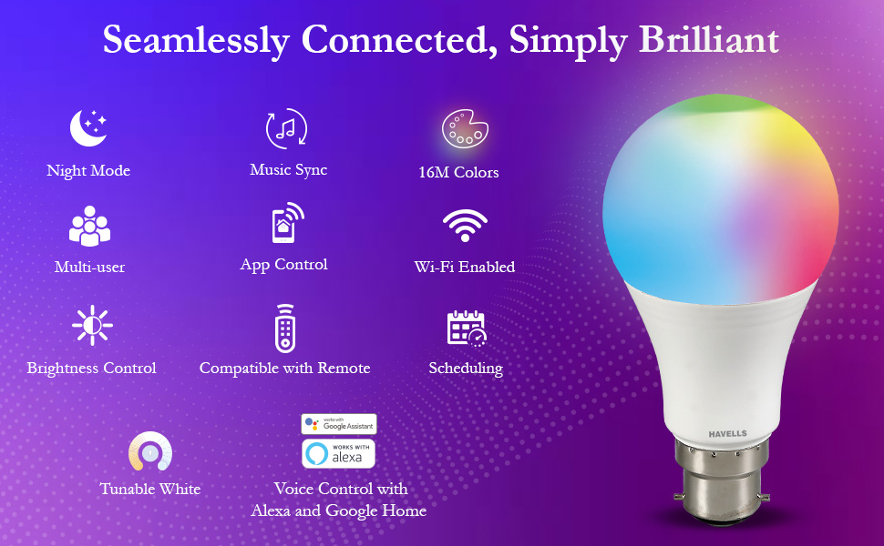 Havells Glamax 9W B22 WiFi LED Smart Bulb with Alexa and Google Assistant compatibility, 16M RGB colors, and music sync feature.