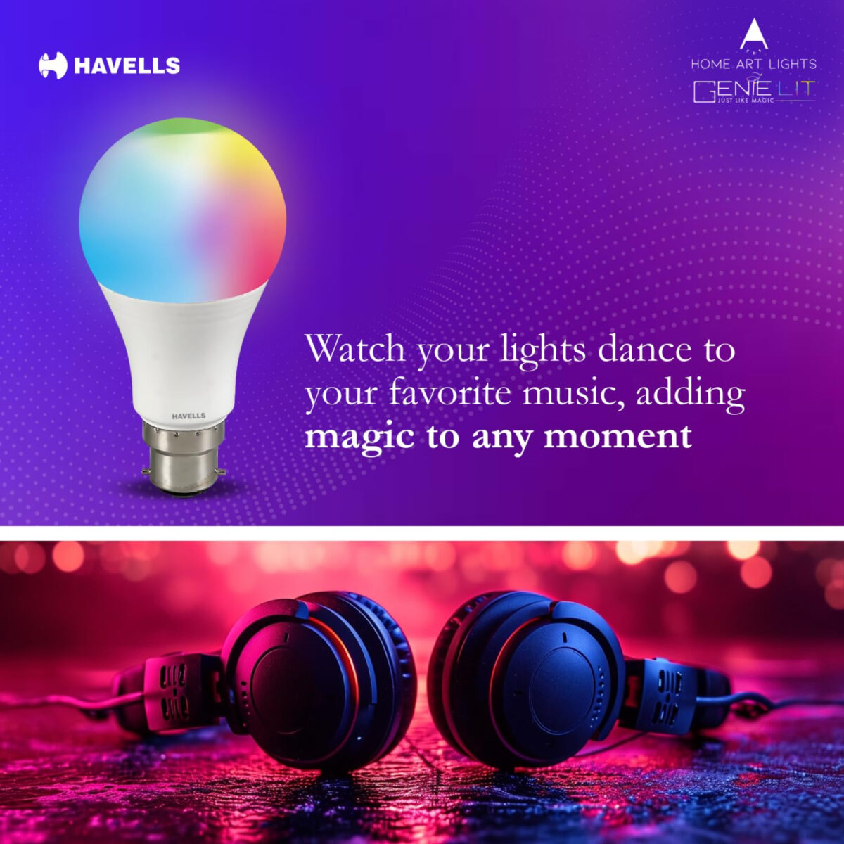 Havells Glamax 9W B22 WiFi LED Smart Bulb with Alexa and Google Assistant compatibility, 16M RGB colors, and music sync feature.