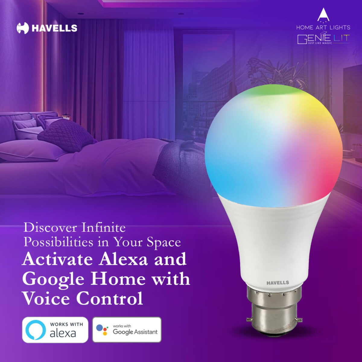 Havells Glamax 9W B22 WiFi LED Smart Bulb with Alexa and Google Assistant compatibility, 16M RGB colors, and music sync feature.