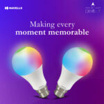 Havells Glamax 9W B22 WiFi LED Smart Bulb with Alexa and Google Assistant compatibility, 16M RGB colors, and music sync feature.