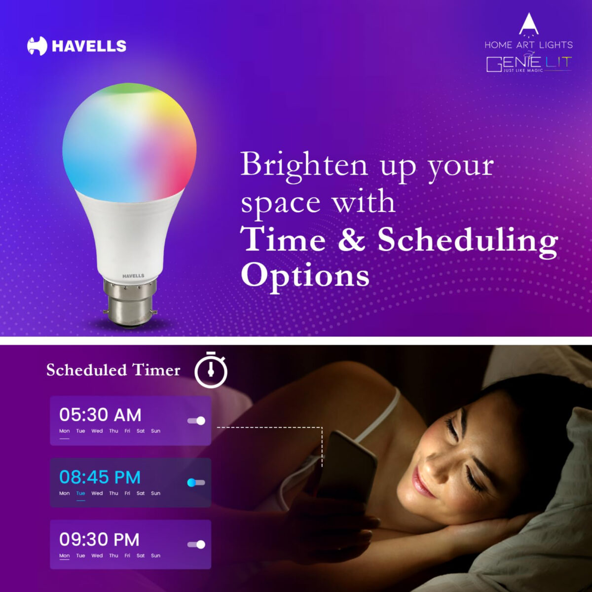 Havells Glamax 9W B22 WiFi LED Smart Bulb with Alexa and Google Assistant compatibility, 16M RGB colors, and music sync feature.