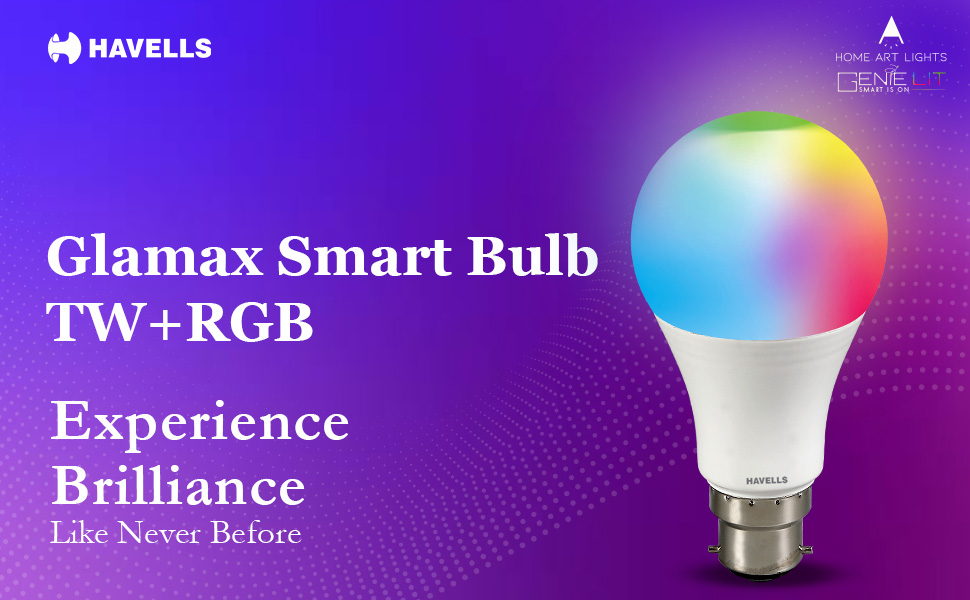 Havells Glamax 9W B22 WiFi LED Smart Bulb with Alexa and Google Assistant compatibility, 16M RGB colors, and music sync feature.