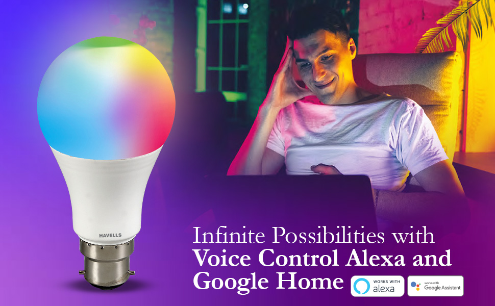 Havells Glamax 9W B22 WiFi LED Smart Bulb with Alexa and Google Assistant compatibility, 16M RGB colors, and music sync feature.