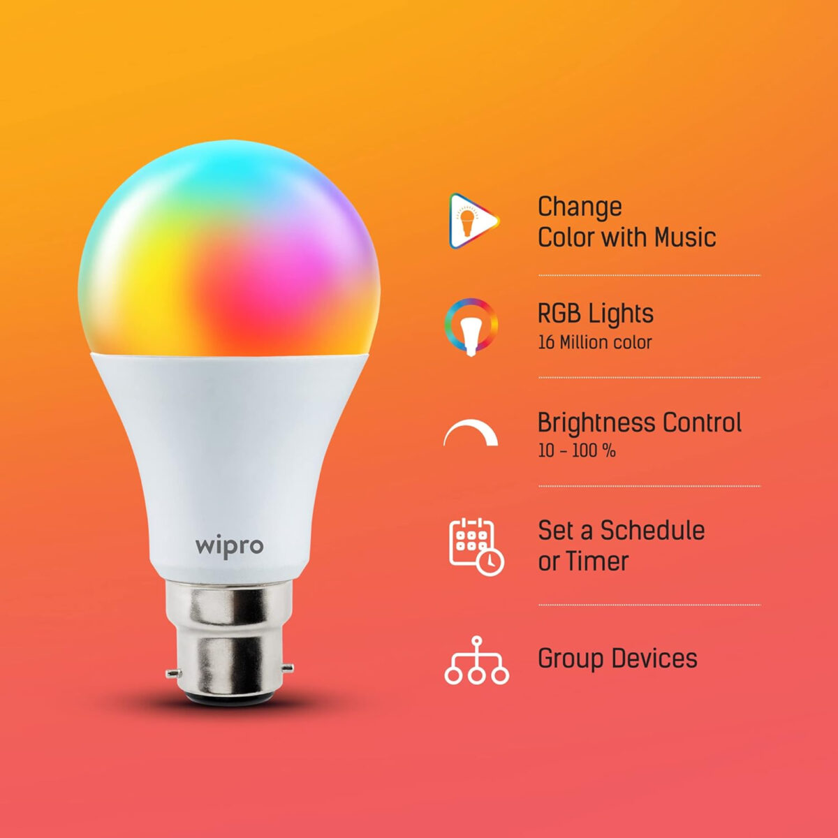 Wipro 12.5W Smart LED Bulb with Wi-Fi, Alexa Voice Control, Music Sync, Dimmable Brightness, and 16 Million Colors for Smart Homes.