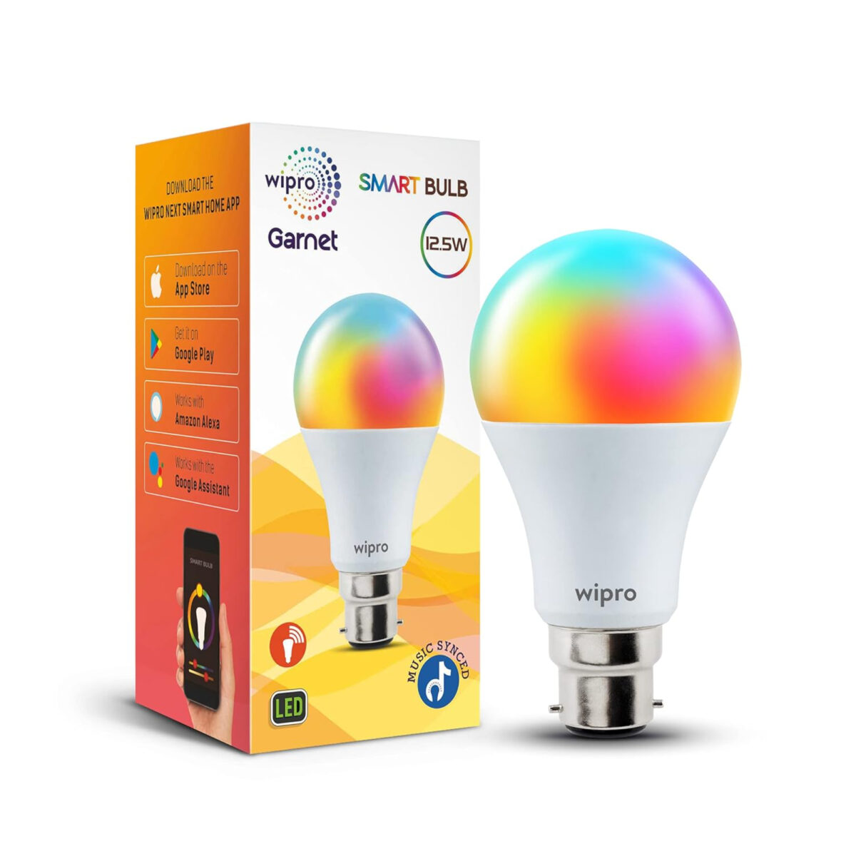 Wipro 12.5W Smart LED Bulb with Wi-Fi, Alexa Voice Control, Music Sync, Dimmable Brightness, and 16 Million Colors for Smart Homes.